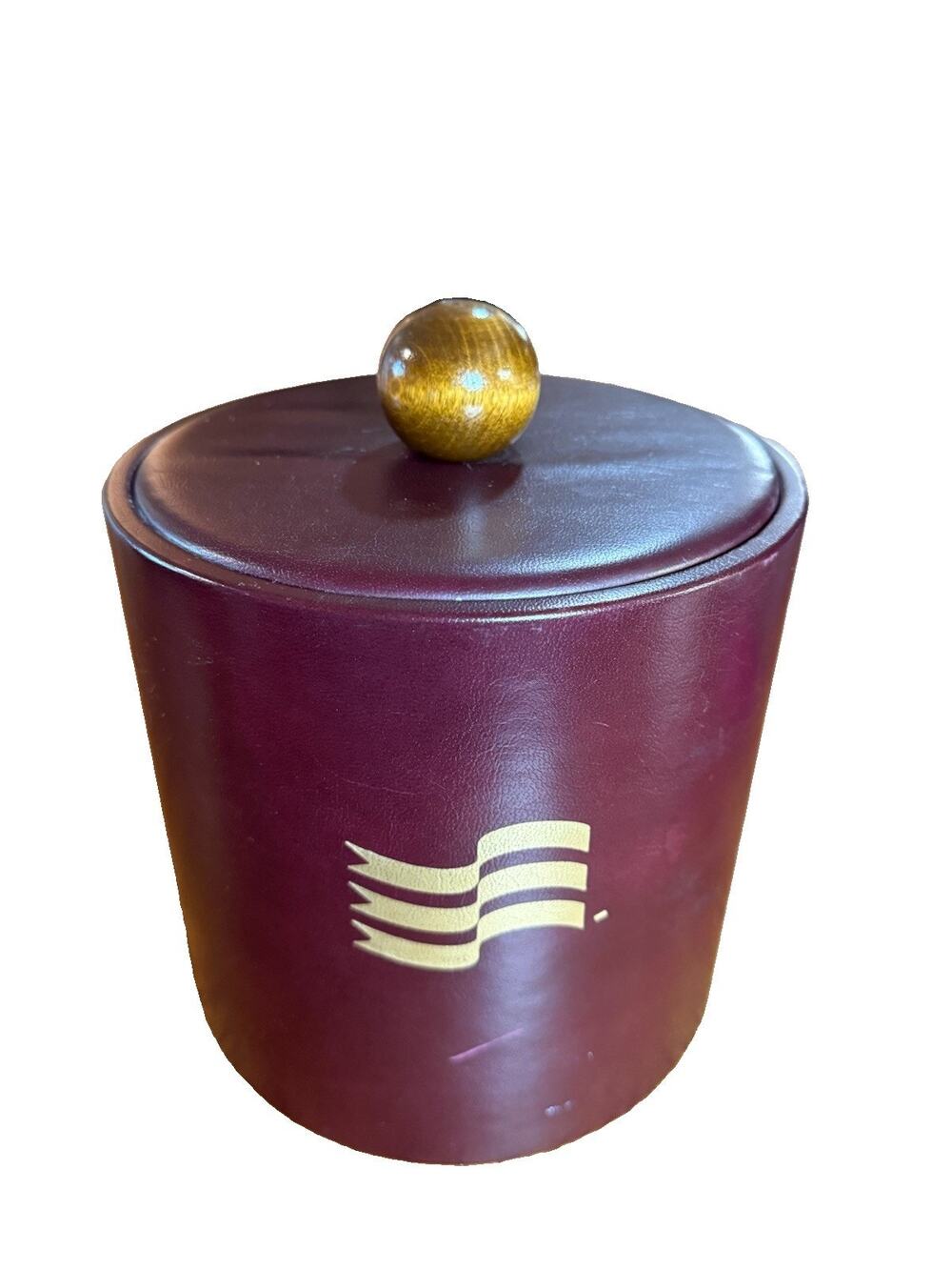 Vintage Kraftware NYC Burgundy Faux Leather Ice Bucket Wood Knob MCM Barware